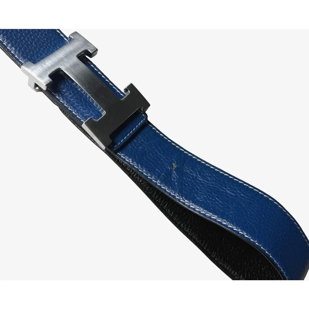 Hermes Blue / Black Reversible Belt with Silver H Buckle Sz 40 Leather Damaged